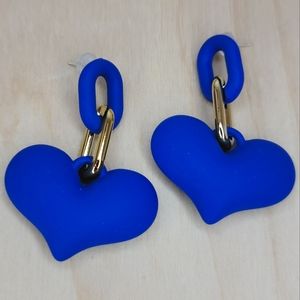Dark Blue, Chunky Heart and Chain Link Earrings, S925 Posts, Sterling Si…